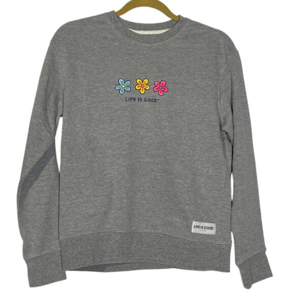 LIFE IS GOOD Crewneck Sweatshirt Gray Flowers Size Small Floral Loungewear Cozy - Picture 1 of 7